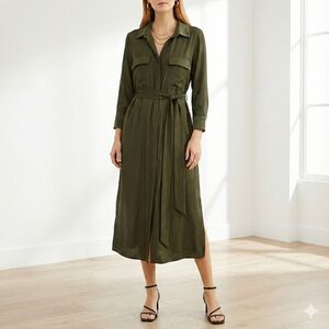 L’Agence olive green Rivi slinky jersey long sleeve midi shirt dress - XL